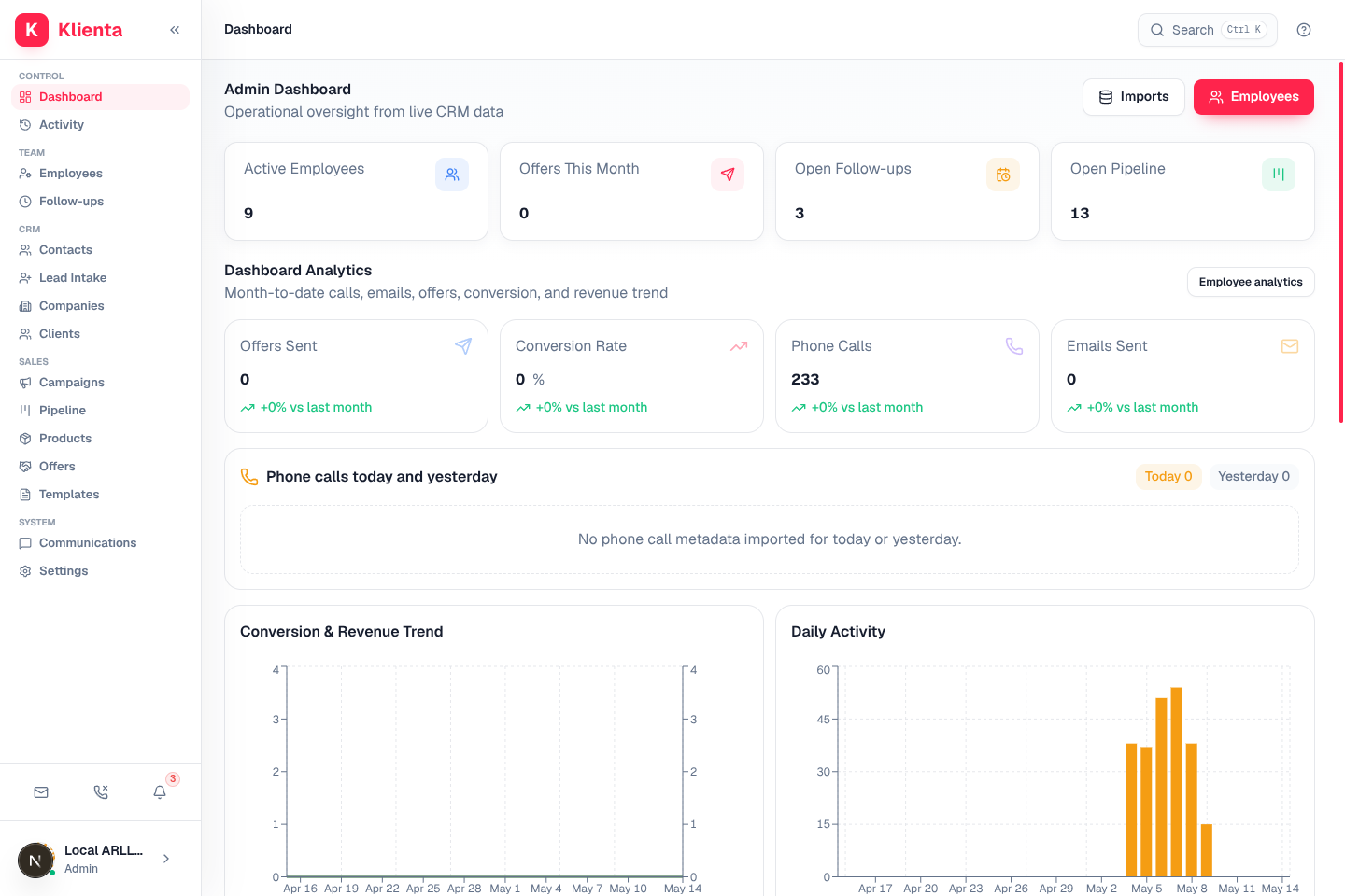 Klienta admin dashboard